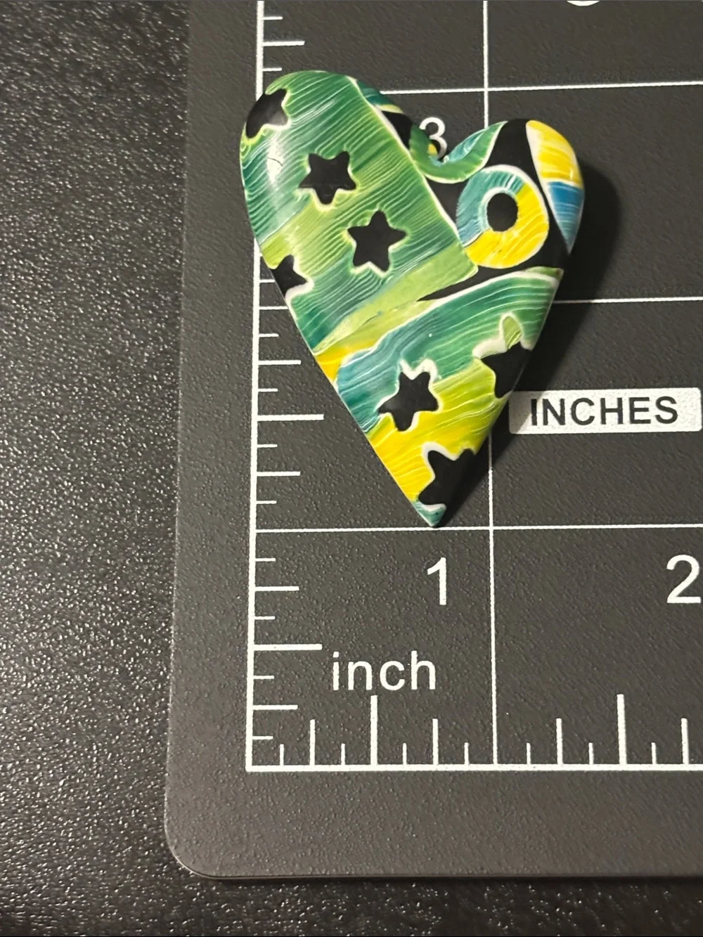 Artisan Green, Yellow, Blue & Black Heart Ceramic Accent Brooch
